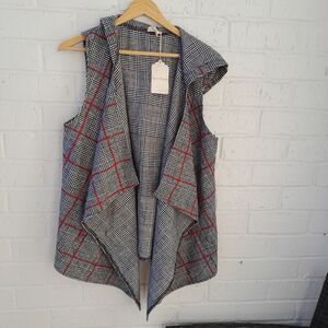 Hem & Thread Houndstooth Plaid Hooded OpenFront Drape Vest Asymmetrical sz:S NWT